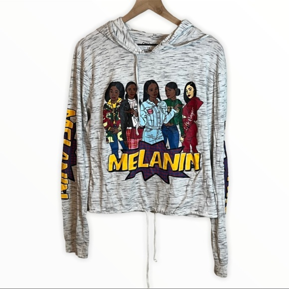 On Fire Gray Heather Long Sleeve‎ Hooded Melanin T Shirt Plus Size 1X